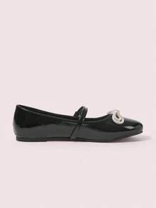 CUCCOO DOLLMOD Women's Black Patent Leather Rhinestone Bow Decor T-Strap Mary Jane Flats, Fashionable & Cute - Black - View 9