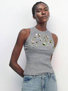 Maija 女士时尚百搭圆领金属 3D 花朵装饰无袖背心，夏季、乡村音乐会、街头女装、风格、时尚、俱乐部、女士教师