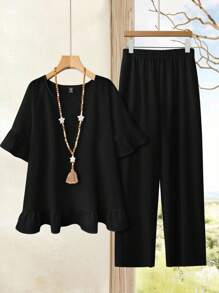 EMERY ROSE Set de 2 piezas de talla grande, camiseta de manga corta casual simple y pantalones largos, adecuado para el verano - Negro - Ver 1