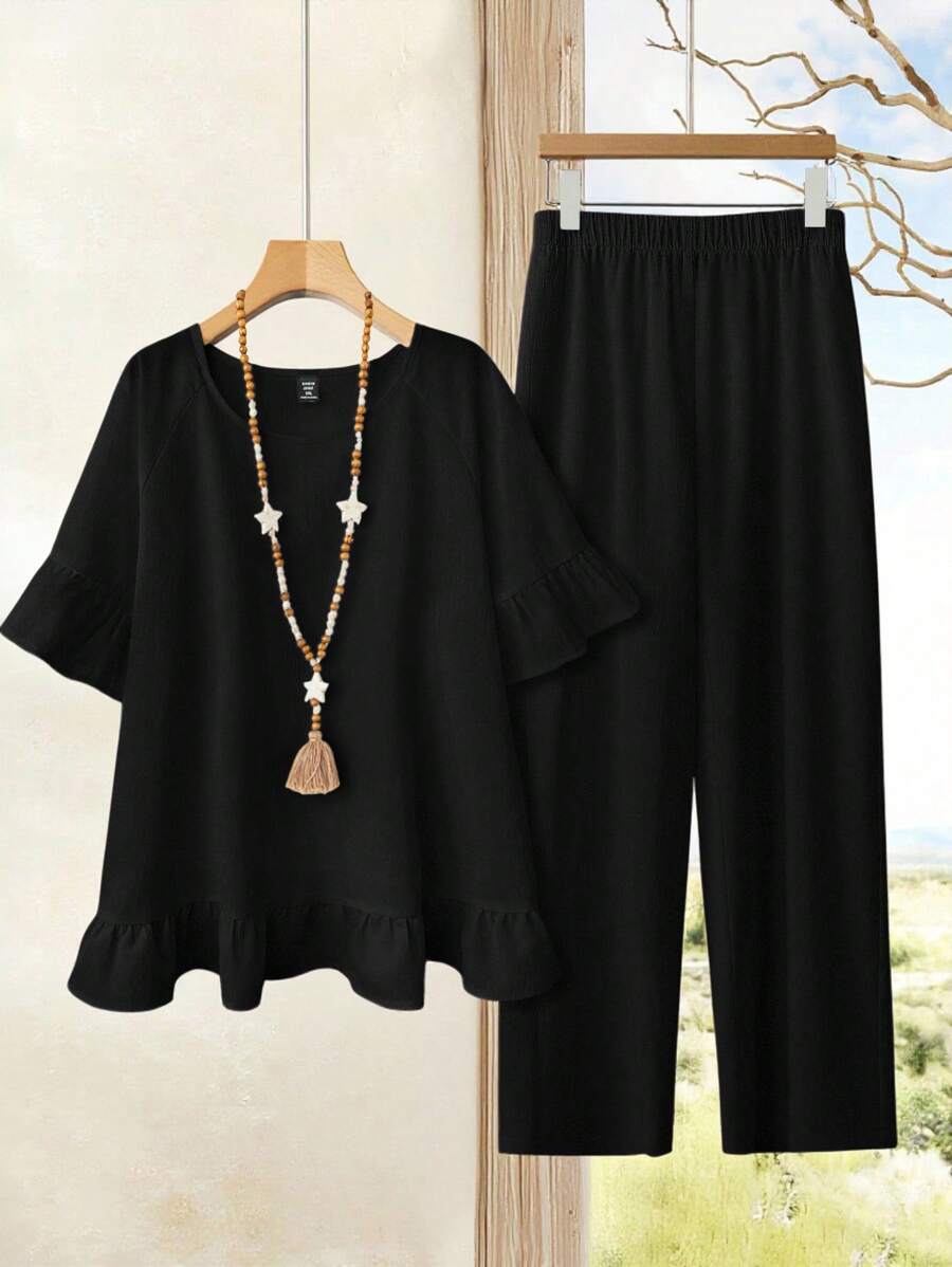 EMERY ROSE Set de 2 piezas de talla grande, camiseta de manga corta casual simple y pantalones largos, adecuado para el verano - Negro - Ver 1