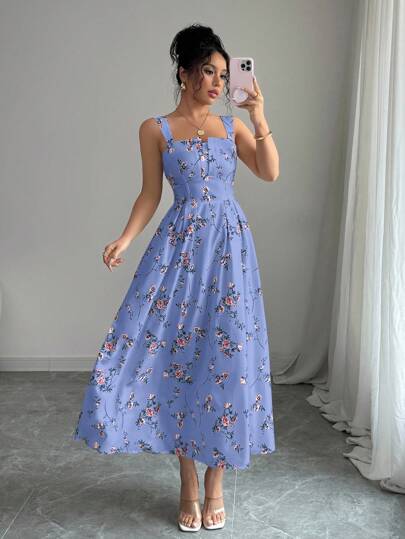 Elenzga Vestido plisado con estampado floral elegante para la cintura de las mujeres, primavera/verano