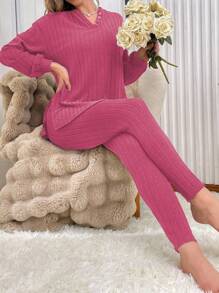 Conjunto de ropa de estar en casa para mujer con textura y medio botón de unicolor, ropa de otoño e invierno, atuendos acogedores - Rosa Fucsia - Ver 3