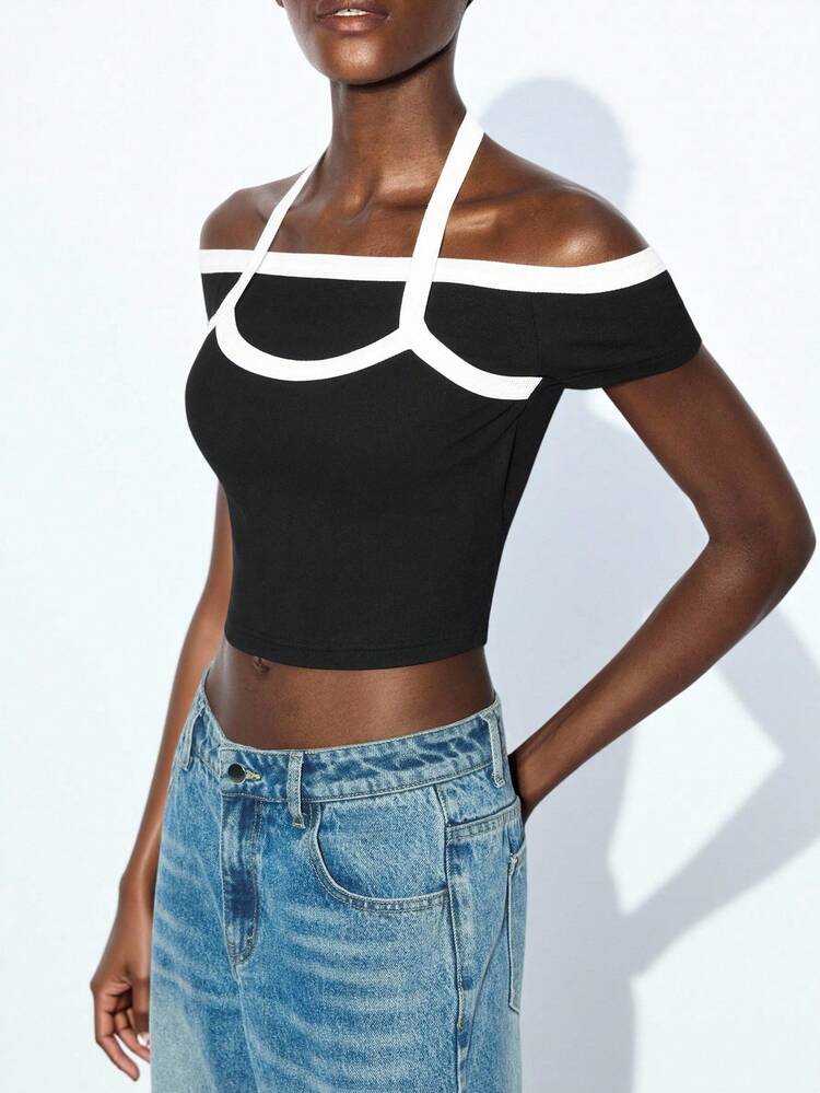 SHEIN Maija Damen Lässiges Straßen Kontrast Paspel Schulterfreies Slim Fit Crop T-Shirt, Sommer Crop Tops Süße Tops Ausgeh Tops Damen Crop Tops Damen Club Damen Sexy Top Geburtstag für Frauen