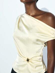 Maija Women Solid Color Ruched Asymmetrical Neck Metal Decor Fashionable Blouse Asymmetrical Neck Top Pale Yellow Top Asymmetrical Top Butter Yellow Top Top Going Out Tops Sexy For Women Concert For Women Airport Women Teacher Tops For Going Out Business Casual Woman Going Out Tops Women Going Out Tops Going Out Tops For Going Out Birthday For Women Birthday For Women Club Women Sexy Halloween