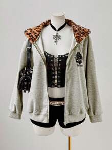 Sunspun 大码女式复古朋克/Y2K徽章字母印花拉链卫衣，配豹纹人造毛皮，秋冬套头衫，复古风 - 灰色 - 查看 6