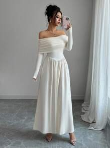 Elenzga Vestido largo de mujer elegante de un solo color con hombros descubiertos - Albaricoque - Ver 5
