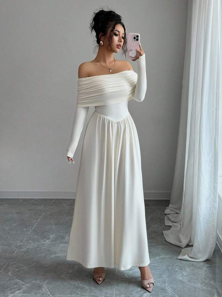 Elenzga Women's Elegant Solid Color Off Shoulder Long Dress - Apricot - View 5