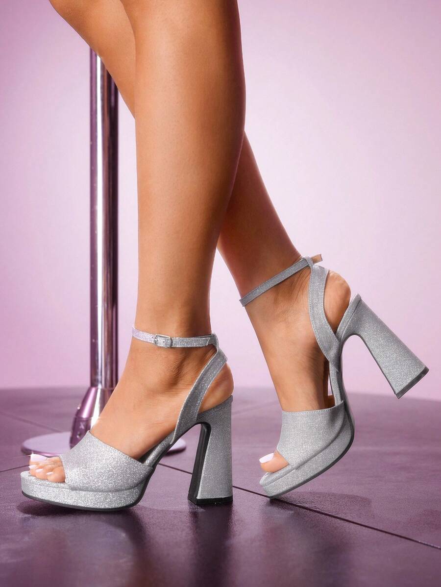 CUCCOO LuxiPop Giày cao gót đế vuông đế dày đính kim tuyến cho nữ, thích hợp cho trang phục dự tiệc đêm, Halloween, Giáng sinh, năm mới - Bạc - Xem 1