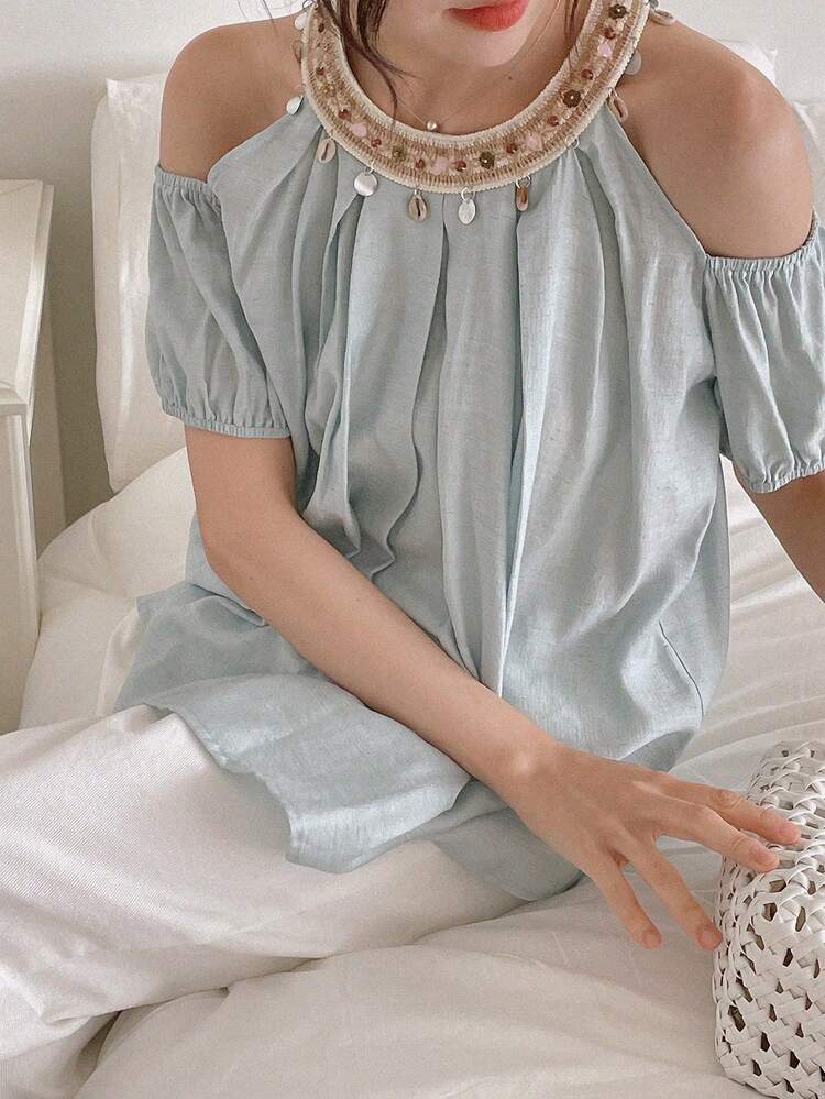 Women's Casual Vacation Hollow Out Beaded Decorative Bohemian Chiffon Short Sleeve Blouse, Spring/Summer Carnival