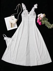 Crystal Vow 2 chiếc váy ngủ maxi họa tiết hoa lưới ren tương phản dành cho cô dâu kèm quần lọt khe - trắng - Xem 6