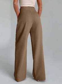 EURMUSE Women Solid Color Button And Pleated Detailed Straight Leg Pants Work Club Pants - Cream - View 2