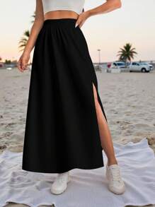 Veykashi 大码女式黑色开衩下摆休闲裙，适合夏季、海滩度假、日常休闲、街头、返校