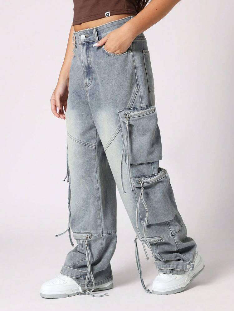 Wide Leg Cargo Jeans With Zipper Pockets