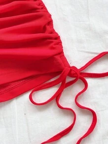 Soleia Bộ 2 áo hở lưng buộc dây và quần short cạp trễ có dây rút cho nữ, thích hợp mặc trong dịp Giáng sinh, hẹn hò, hộp đêm, bãi biển, du thuyền, trà chiều, phong cách Bohemian, Boho, kỳ nghỉ - Đỏ - Xem 6