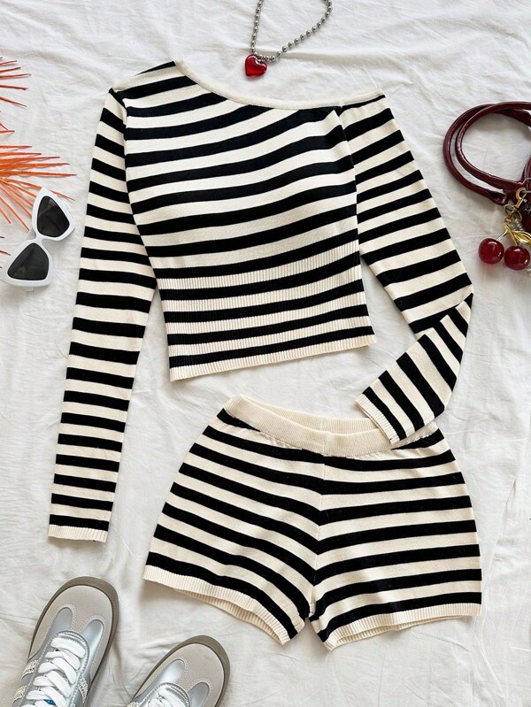 Soleia Women's Autumn/Winter Vacation Casual Colorblock Striped Off-Shoulder Long Sleeve Fitted Top And Shorts 2 Pieces Bohemian, Boho, Romantic Floral Vacation Outfit Striped Two Piece Set Long Sleeve Two Piece Set Black And White Striped Two Piece Set