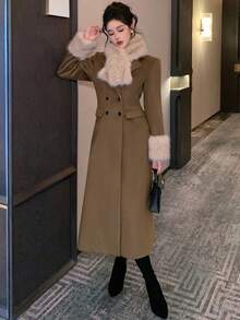 DAZY 女士长袖毛领大衣，修身剪裁，收腰设计，带口袋，双排扣，长款，秋冬款 - 棕色 - 查看 6