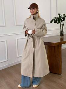 DAZY 女士立领宽松长款收腰休闲风衣外套，秋季女装