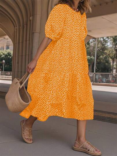 EMERY ROSE 波尔卡圆点印花层叠泡泡袖连衣裙，宽松休闲教师连衣裙，黑色优雅长裙女装