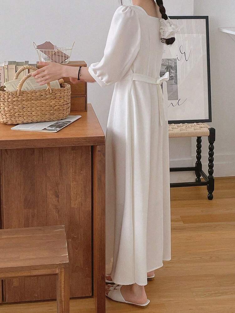 Elegant White Long Chiffon Dress With Puff Sleeves & Square Collar, Colorblock Summer Women Dresses Maxi Dress