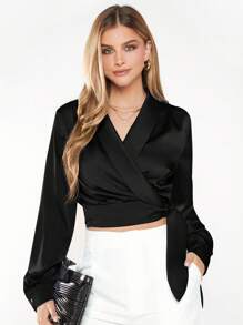 BizChic 女士休闲V领长袖短款衬衫，下摆打结设计，简约优雅商务休闲风格，适合都市通勤、办公室穿着、教师等场合。 - 黑色 - 查看 6