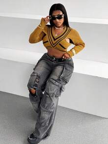 Maweii Maglione corto a scollo a V con motivo a righe a contrasto, stile casual da strada e college, per donne taglie forti, autunnale - Giallo - Visualizzare 7