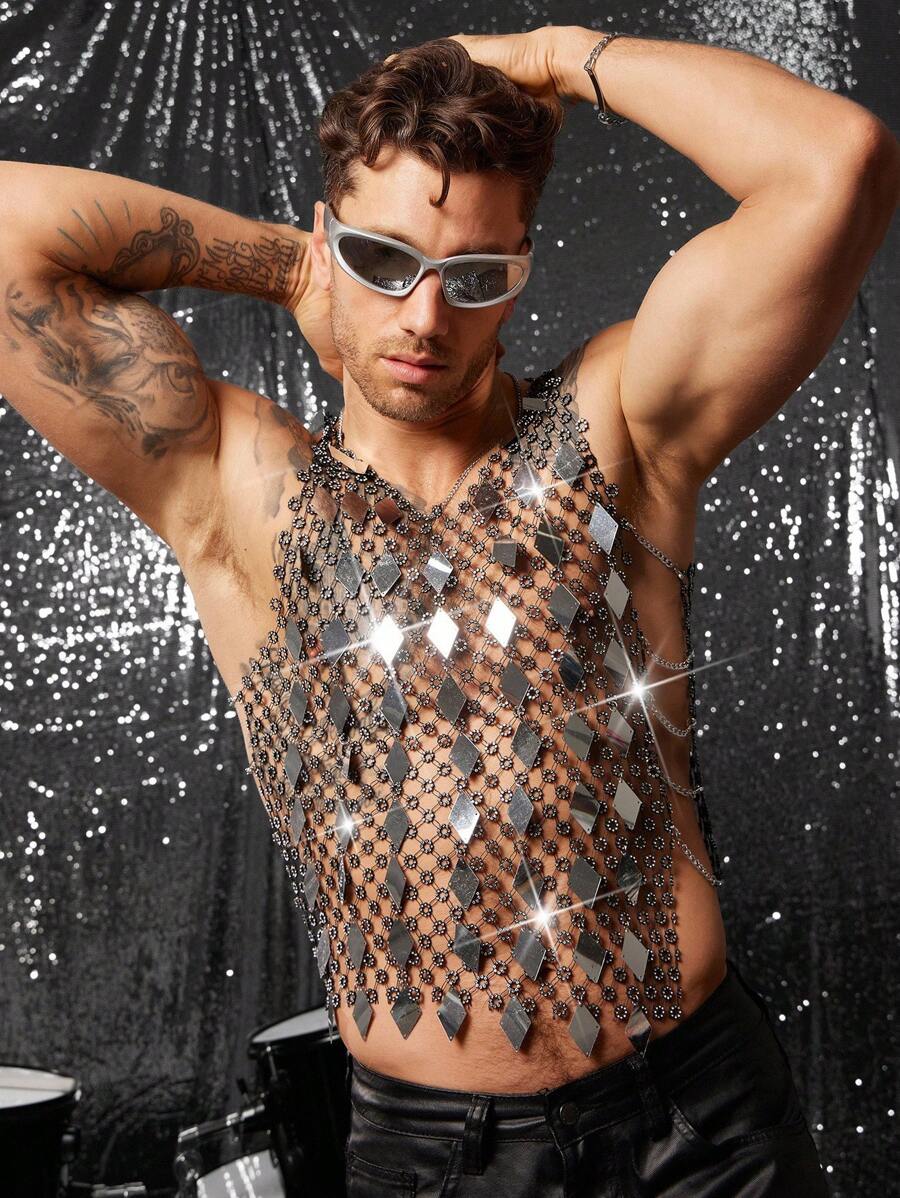 FeverCity Men's Rhinestone Flower Mesh Sexy Top - Black - View 1