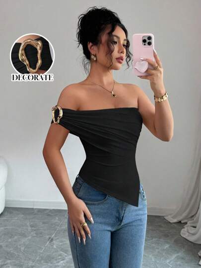 Islaluna Blusa de verano para mujer con hombros decorados con botones y bajo asimétrico elegante