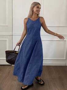 DAZY Váy denim dáng rộng không tay thường ngày dành cho nữ, phong cách đường phố & nghỉ dưỡng, xuân/hè - Rửa trung bình - Xem 5