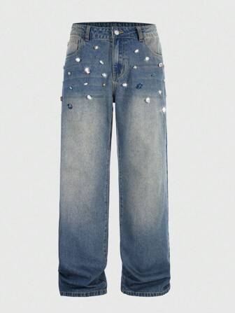 Street Life Jeans de mezclilla casual para hombres con decoración de rhinestones lavados