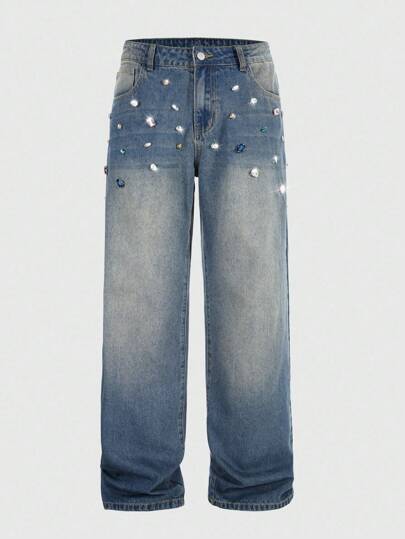 Street Life Jeans casual da uomo in denim lavato con decorazioni in strass