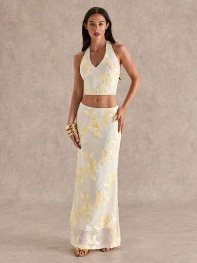 Glamine 2pcs Romantic Vacation Jacquard Halter Neck Top And Skirt Set