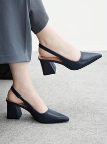 CUCCOO BIZCHIC 尖头粗高跟深蓝色系带简约女式浅口鞋，适合日常、通勤、工作装 - 藍色 - 查看 3