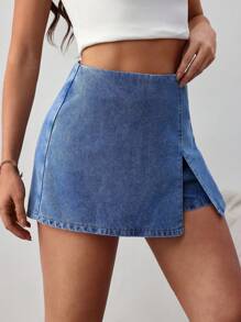 SHEIN Tall 女款牛仔短褲，休閒修身短裙褲，藍色，適合高個女性 - 中等水洗藍 - 查看 7