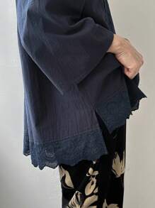FRIFUL Women's Solid Navy Blue Drop Shoulder 3/4 Sleeve Patchwork Cotton Embroidered Pleated Casual Loose Versatile Blouse, Business Casual - Navy Blue - View 6