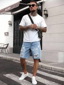 Manfinity Homme 男士休闲破洞牛仔短裤（夏季） - 藍色 - 查看 5