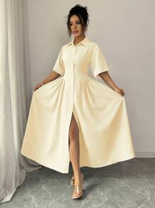 Elenzga Single-Breasted Design Striped Dress With Flared Hem - Yellow - View 5