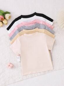 SHEIN Vintaside Kids 6件組嬰幼女童柔軟針織圓領短袖T恤，寬鬆素色上衣，適合夏季休閒、畢業、返校穿著，米色與粉色 - 彩色 - 查看 2