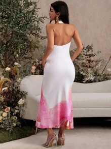 MaterniChic Pregnant Women Elegant Floral Print Backless Halter Midi Dress  Fall Women Clothes Baby Shower Modest Dresses For Women Party Outfit