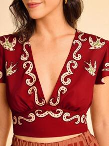 CAJUNI Blusa corta de escote en V de manga corta con estampado tropical divertido y estilo bohemio para vacaciones en la playa - Multicolor - Ver 5