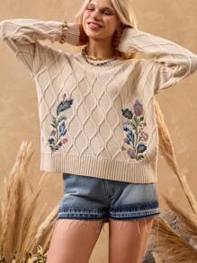 Bóhologie 复古风麻花针织套头衫，饰有精致花卉刺绣和柔和的奶油色调 - 白色 - 查看 3