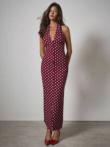 COSMINA 女士优雅V领波点腰带连衣裙，初秋，女士约会夜服装，外出服装，女士生日礼服，婚礼宾客礼服 - 紅色 - 查看 7