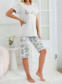 EURMUSE 100% Cotton 2 chiếc áo sơ mi cotton in hình động vật dễ thương và quần Capri in hình động vật mặc ở nhà - Màu Xám nhạt - Xem 4