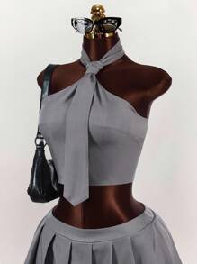 Amplova 女式性感纯色露背吊带上衣和百褶迷你裙两件套，夏季 - 灰色 - 查看 7