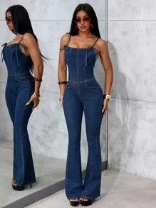 SHEIN Tall 高个女式纯色细肩带紧身系带水洗牛仔连体裤，Y2K 风格蓝色牛仔紧身连体裤 - 深色水洗藍 - 查看 6