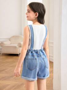 SHEIN Tween Girls Spring/Summer Break Light Washed Casual Heart Embroidery Cute Baggy Denim Jumpsuit Overalls Shorts Without Vest For Tween Girl Summer Clothes,Girls Summer Beach Boho Vacation Shorts ,Summer Concert Festival Causal Rave Outfits