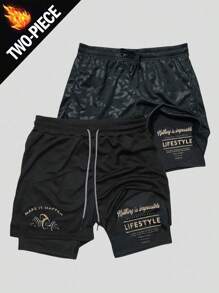 Manfinity Sport Corelite 男士字母印花抽绳腰运动短裤 - 黑色 - 查看 1