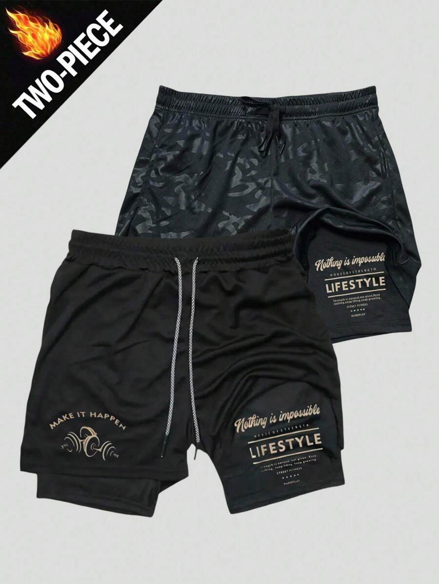 Manfinity Sport Corelite 男士字母印花抽绳腰运动短裤 - 黑色 - 查看 1