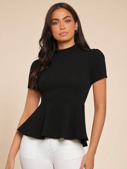 Amorya Women's Solid Color Stand Collar Short Sleeve Fitted T-Shirt Summer Holiday Outfits Spring Break Outfits