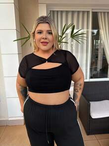 magalhaesca Áo thun Plus size Cắt ra Xù cắt Tương phản Mesh màu trơn Gợi cảm - màu đen - Xem 3