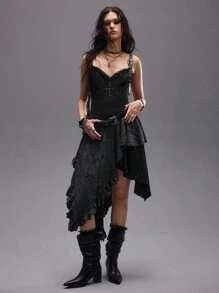 ROMWE EDITION 做旧 Y2K 复古哥特十字串珠拼接不对称下摆女式连衣裙（配腰带） - 黑色 - 查看 5